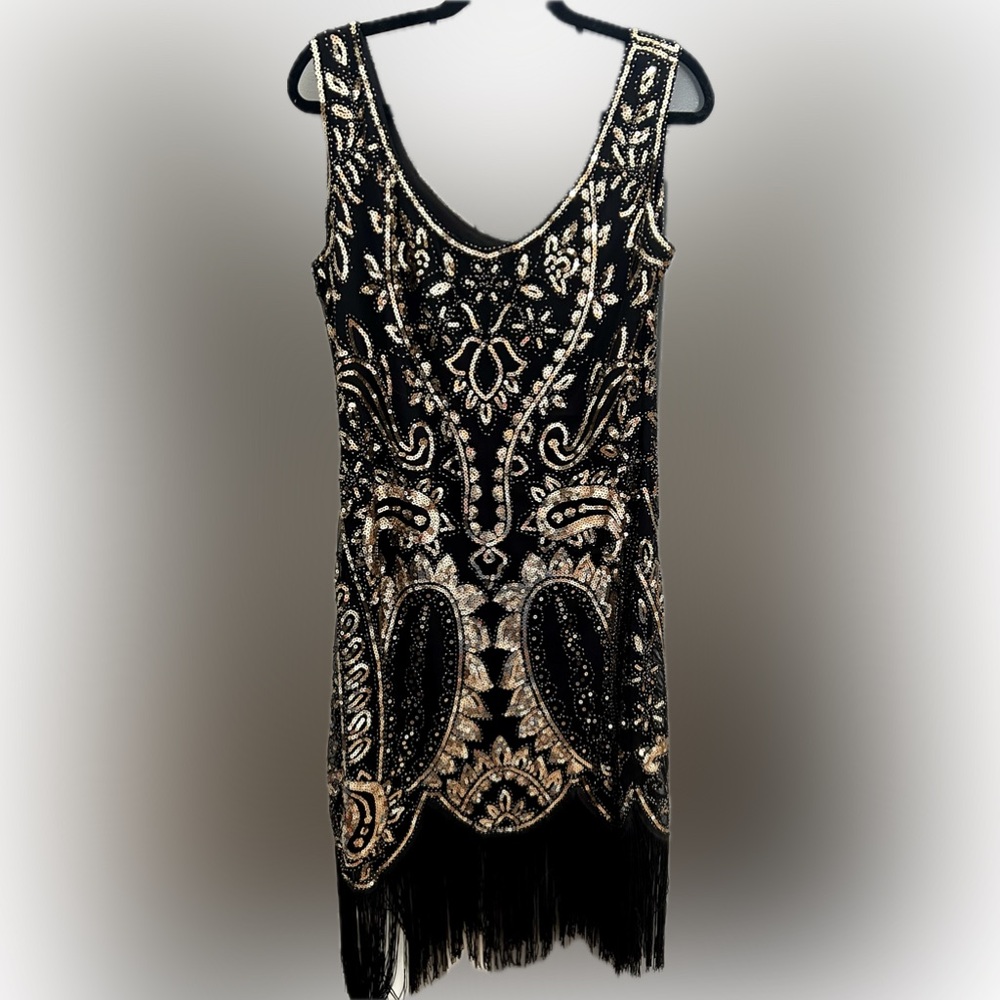 Fundaisy Women's XL Black & Gold Sequin Fringe 1920's Flapper Dress